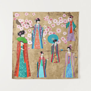 Oriental girl in retro costumejapanese, chinese, a tapestry