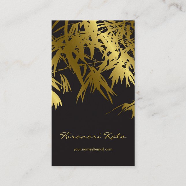 Oriental Gold And Black Bamboo Leaves Stylish Zen Business Card (Front)