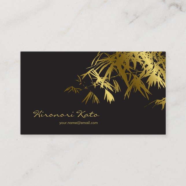 Oriental Gold And Black Bamboo Leaves Stylish Zen Business Card (Front)