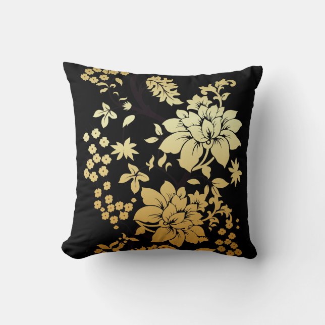 Oriental Golden Flowers on Black Cushion (Front)