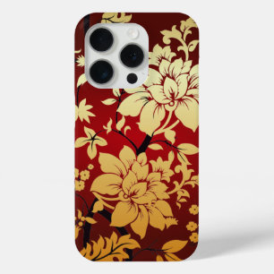 Oriental Golden Flowers on Red iPhone 15 Pro Case
