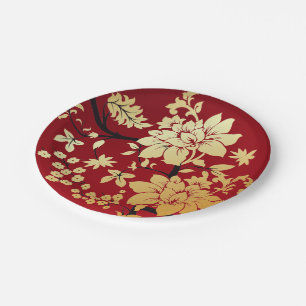 Oriental Golden Flowers on Red Paper Plate