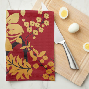 Oriental Golden Flowers on Red Tea Towel
