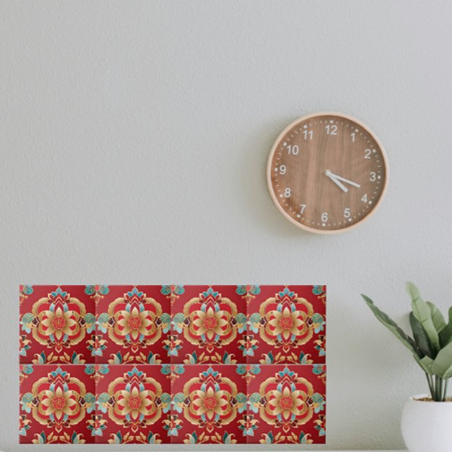 Oriental Golden Flowers Red Background Tile (Creator Uploaded)