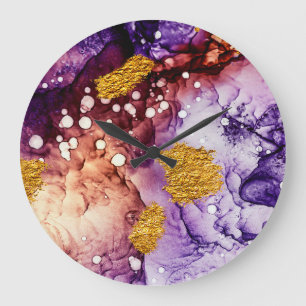 Oriental Golden Swirls Abstract Painting Large Clock