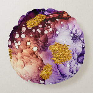 Oriental Golden Swirls Abstract Painting Round Cushion