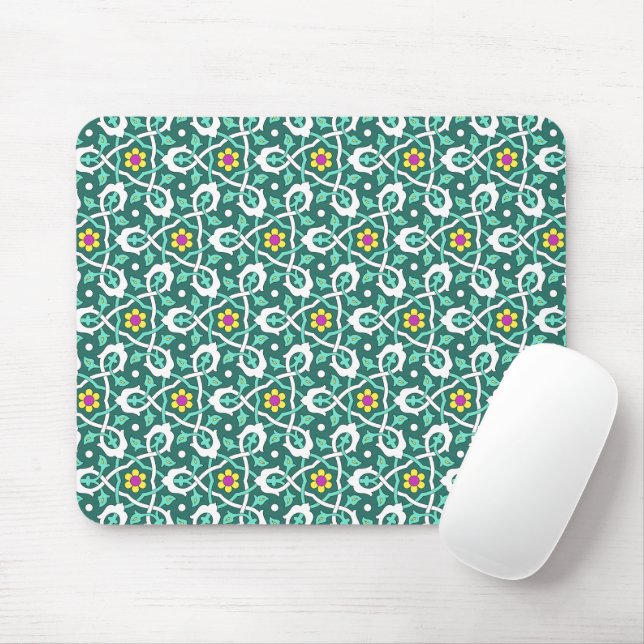 Oriental Green White Ottoman Turkish Vine Pattern Mouse Mat (With Mouse)