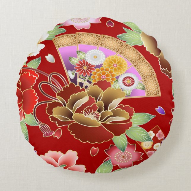 Oriental hand fan japanese floral round cushion (Front)