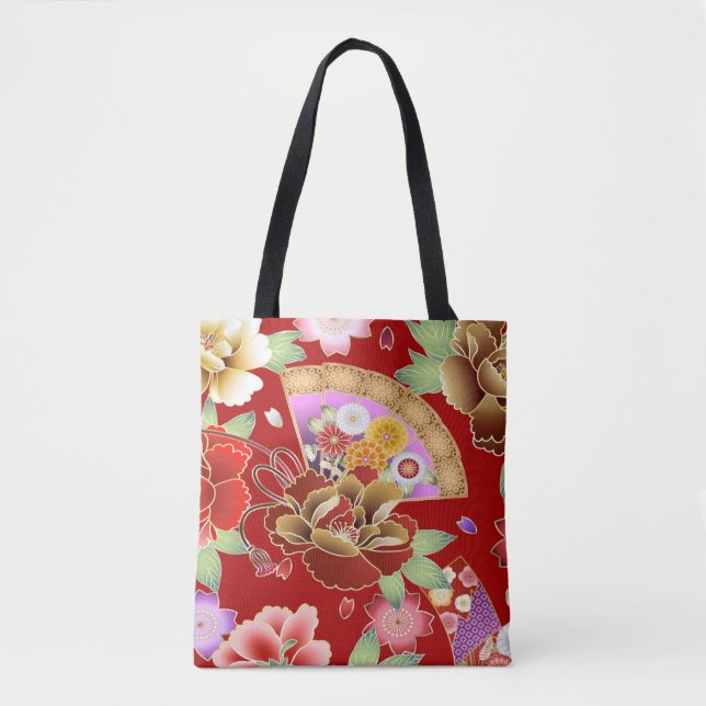 Oriental hand fan japanese floral tote bag (Front)