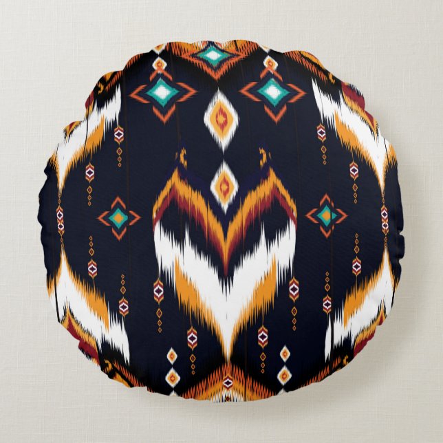 Oriental ikat pattern ethnic seamless pattern trad round cushion (Front)