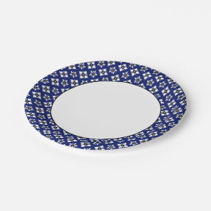 Oriental Indigo White Katazome Flowers Pattern Paper Plate
