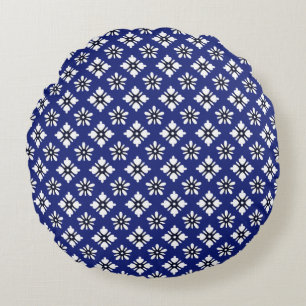 Oriental Indigo White Katazome Flowers Pattern Round Cushion
