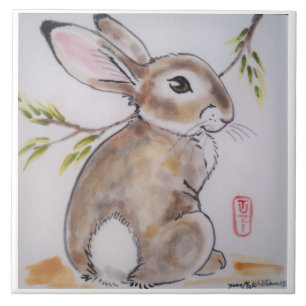 Oriental/Japanese design bunny rabbit tile/trivet Tile