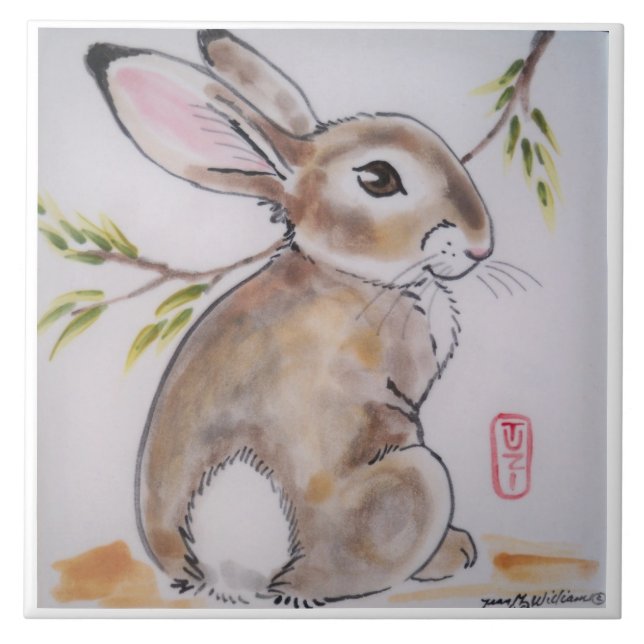 Oriental/Japanese design bunny rabbit tile/trivet Tile (Front)