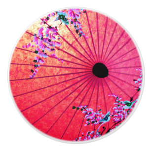 Oriental japanese floral pink red painted parasol ceramic knob