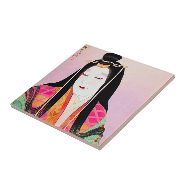 Oriental japanese kabuki actor beautiful lady art tile (Side)