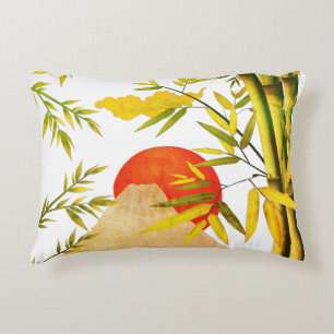 Oriental Japanese Mountain Sunrise With Bamboo Decorative Cushion