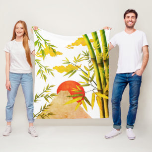 Oriental Japanese Mountain Sunrise With Bamboo Fleece Blanket