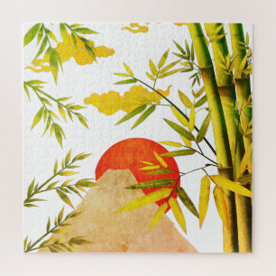 Oriental Japanese Mountain Sunrise With Bamboo Jigsaw Puzzle