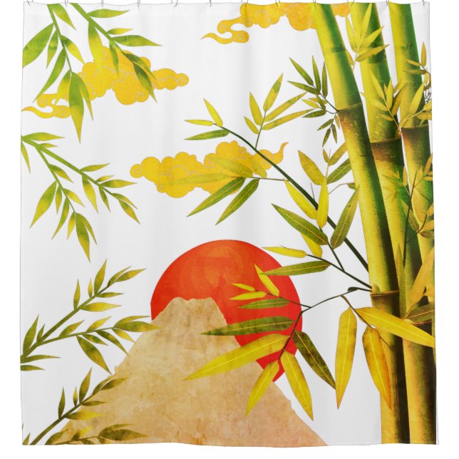 Oriental Japanese Mountain Sunrise With Bamboo Shower Curtain (Front)