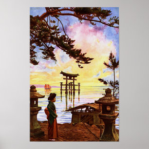 Oriental Japanese Painting Shinto Gate in Water Poster