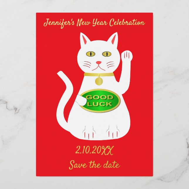 Oriental Lucky Cat Chinese New Year Save the Date Foil Holiday Card (Front)