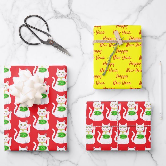 Oriental Lucky Cat Custom Chinese New Year Wrapping Paper Sheet (Front)