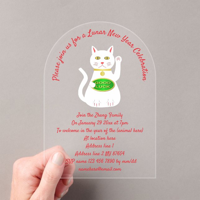 Oriental Lucky Cat Custom Lunar New Year Acrylic Invitations (Insitu (Handheld))