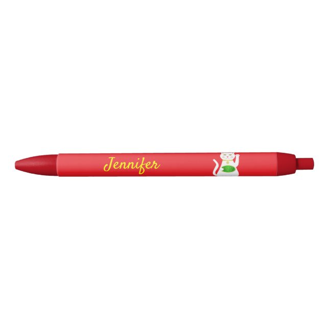 Oriental Lucky Cat Custom Name Black Ink Pen (Front)