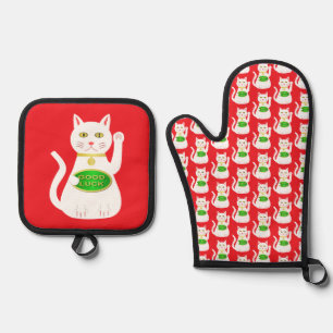 Oriental Lucky Cat Oven Mitt & Pot Holder Set