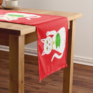 Oriental Lucky Cat Patterned Chinese New Year Short Table Runner
