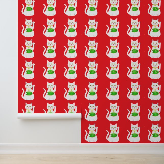 Oriental Lucky Cat Patterned Wallpaper (Application)