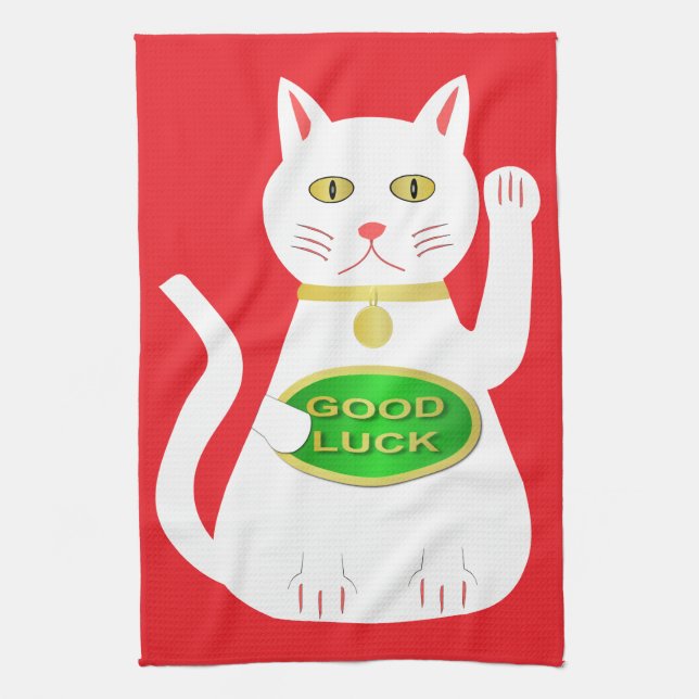 Oriental Lucky Cat Tea Towel (Vertical)