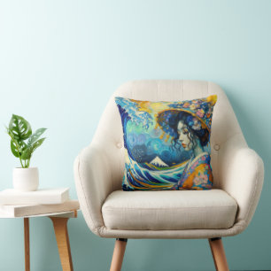 Oriental Maiko Geisha Kanagawa waves Van Gogh mix Cushion