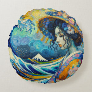 Oriental Maiko Geisha Kanagawa waves Van Gogh mix Round Cushion