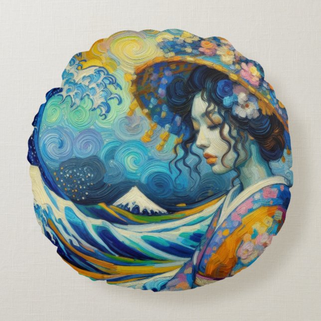 Oriental Maiko Geisha Kanagawa waves Van Gogh mix Round Cushion (Front)