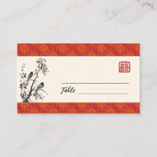 Oriental modern red flower bird Chinese wedding  Place Card