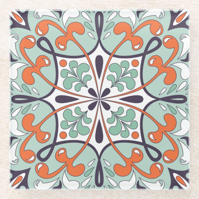 Oriental Moroccan Tile Floral Design Glass Coaster (Front)