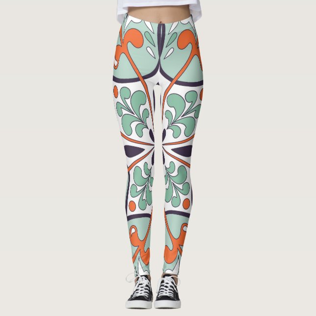 Oriental Moroccan Tile Floral Design Leggings (Front)