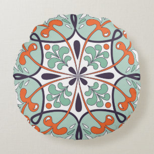 Oriental Moroccan Tile Floral Design Round Cushion