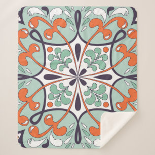 Oriental Moroccan Tile Floral Design Sherpa Blanket