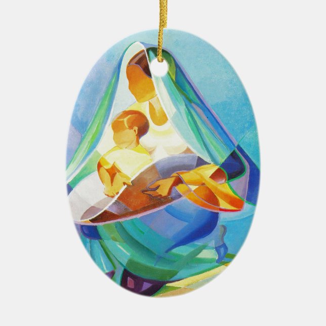 Oriental nativity scene, Mary, Jesus Ceramic Tree Decoration (Front)