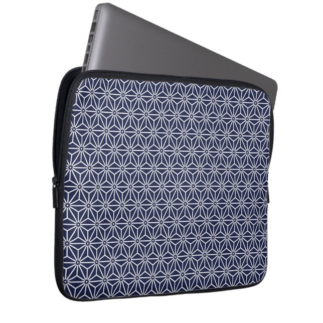 Oriental Navy Blue White Asanoha Japan Pattern Laptop Sleeve (Front Right)