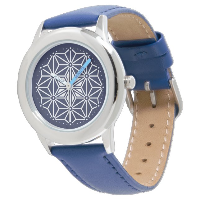 Oriental Navy Blue White Asanoha Japan Pattern Watch (Angled)