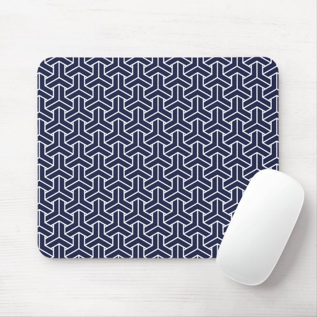 Oriental Navy Blue White Japan Bishamon Pattern Mouse Mat (With Mouse)