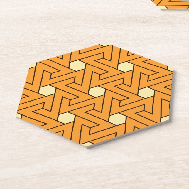 Oriental Orange Beige Triangle Spirals Egyptian Paper Coaster (Angled)