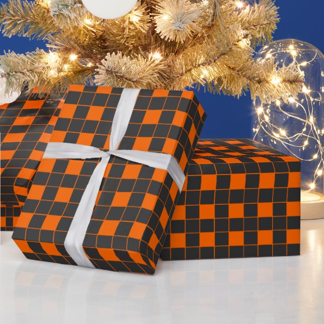 Oriental Orange Grey Japan Geometric Chequered Wrapping Paper (Holidays)