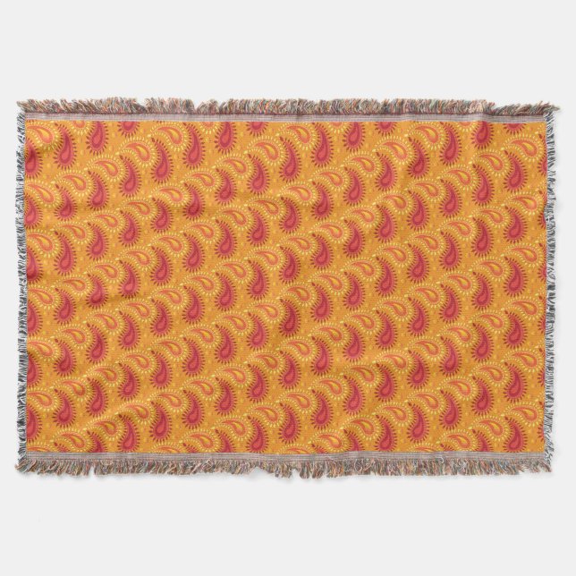Oriental Orange Persian Paisley Pattern Throw Blanket (Front)