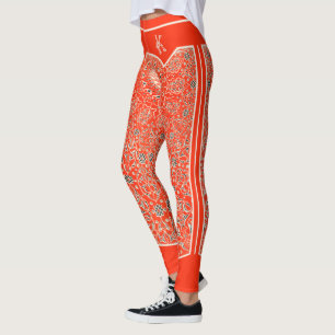 Oriental Orange Red Arabesques Monogram Customised Leggings