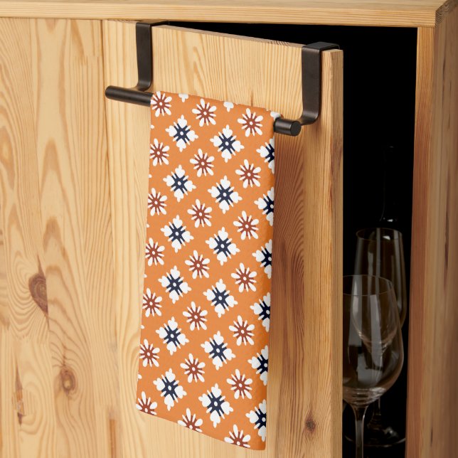 Oriental Orange White Red Katazome Flowers Pattern Tea Towel (Thirds Fold)
